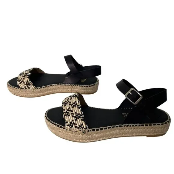Paseart Women's Espadrille Platform Sandals Sz 39 US 8.5 Black Tan Interwoven - Picture 1 of 9
